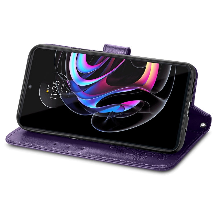 For Motorola Edge 20 Pro Four-leaf Clasp Embossed Buckle Mobile Phone Protection Leather Case with Lanyard & Card Slot & Wallet & Bracket Function