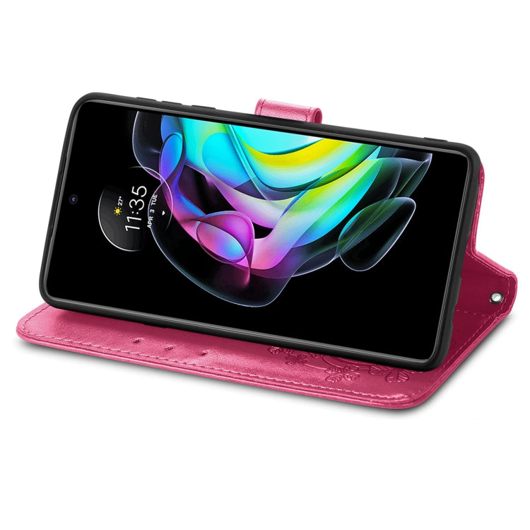 For Motorola Edge 20 Four-leaf Clasp Embossed Buckle Mobile Phone Protection Leather Case with Lanyard & Card Slot & Wallet & Bracket Function