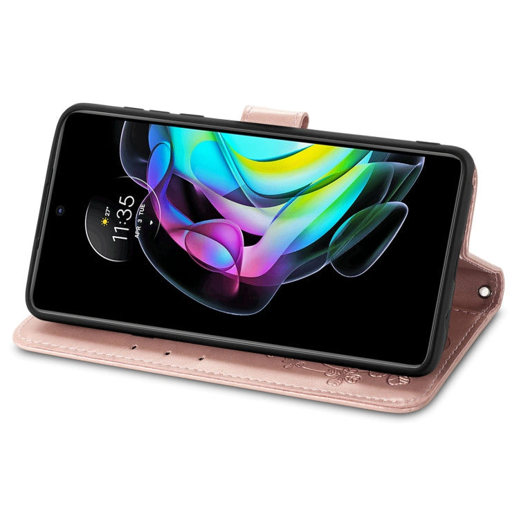 For Motorola Edge 20 Four-leaf Clasp Embossed Buckle Mobile Phone Protection Leather Case with Lanyard & Card Slot & Wallet & Bracket Function