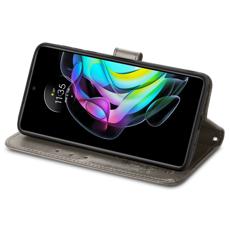 For Motorola Edge 20 Four-leaf Clasp Embossed Buckle Mobile Phone Protection Leather Case with Lanyard & Card Slot & Wallet & Bracket Function