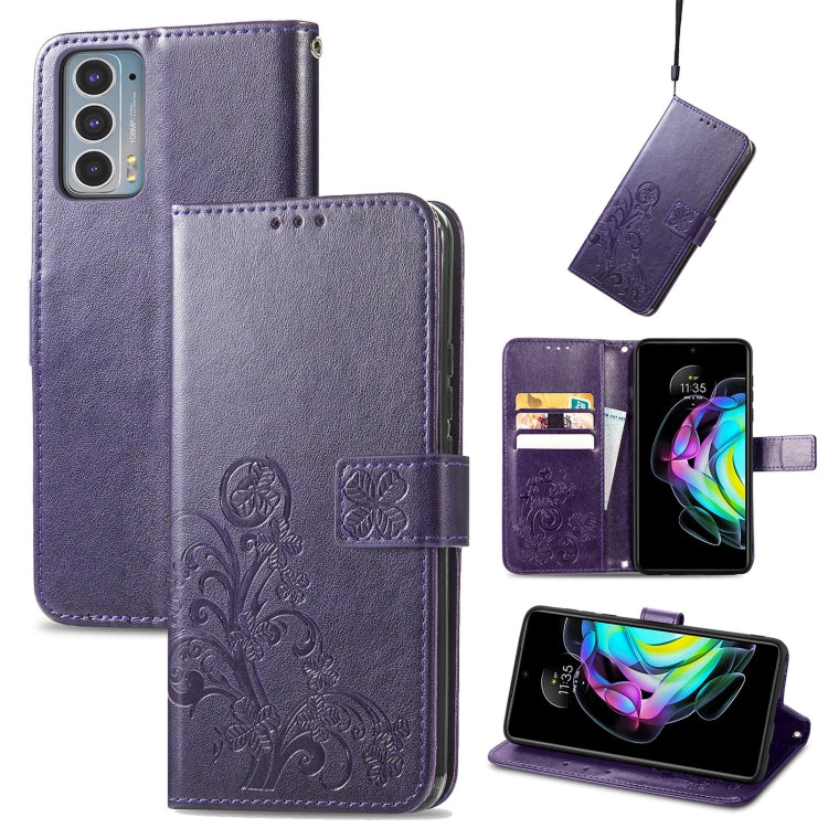 For Motorola Edge 20 Four-leaf Clasp Embossed Buckle Mobile Phone Protection Leather Case with Lanyard & Card Slot & Wallet & Bracket Function