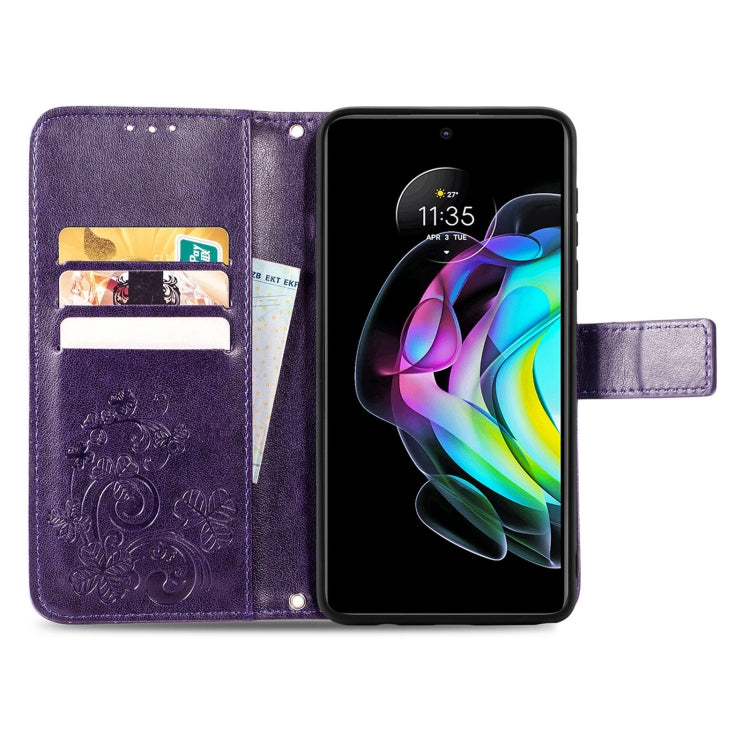 For Motorola Edge 20 Four-leaf Clasp Embossed Buckle Mobile Phone Protection Leather Case with Lanyard & Card Slot & Wallet & Bracket Function