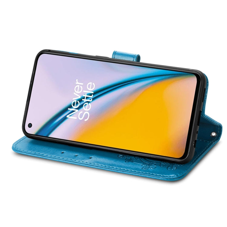 For OnePlus Nord 2 5G Four-leaf Clasp Embossed Buckle Mobile Phone Protection Leather Case with Lanyard & Card Slot & Wallet & Bracket Function