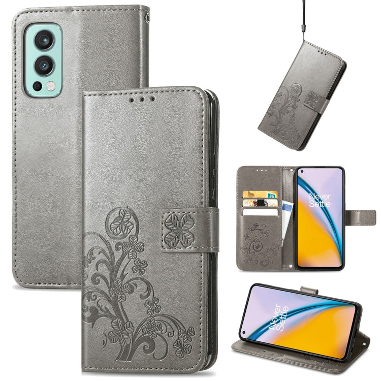 For OnePlus Nord 2 5G Four-leaf Clasp Embossed Buckle Mobile Phone Protection Leather Case with Lanyard & Card Slot & Wallet & Bracket Function