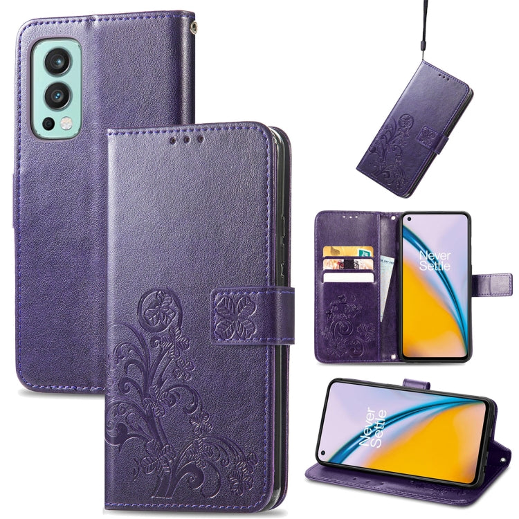 For OnePlus Nord 2 5G Four-leaf Clasp Embossed Buckle Mobile Phone Protection Leather Case with Lanyard & Card Slot & Wallet & Bracket Function