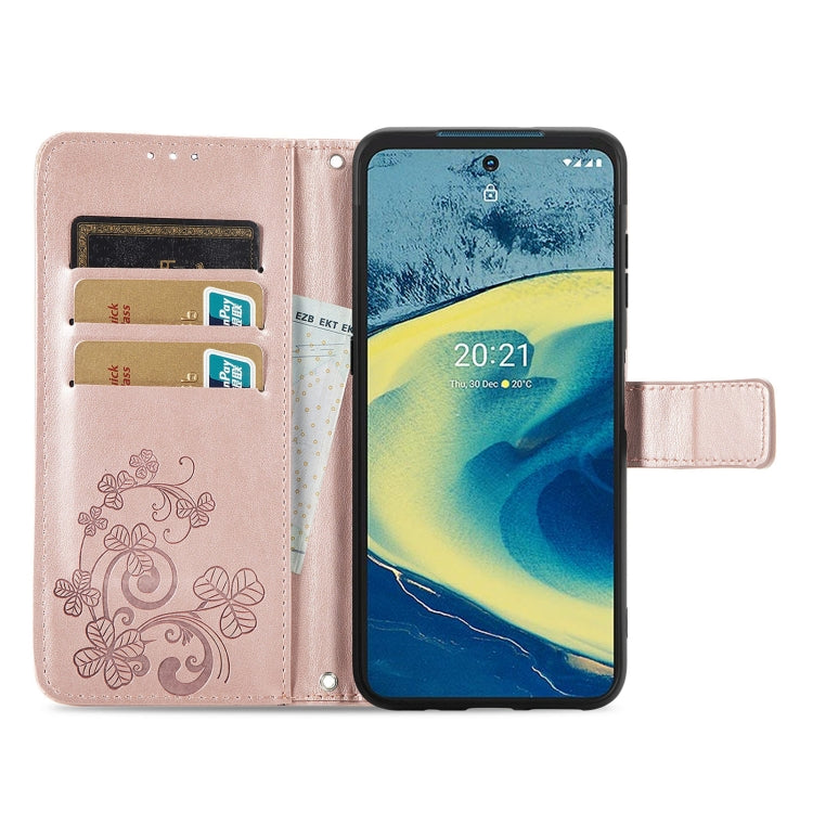 For Nokia XR 20 Four-leaf Clasp Embossed Buckle Mobile Phone Protection Leather Case with Lanyard & Card Slot & Wallet & Bracket Function