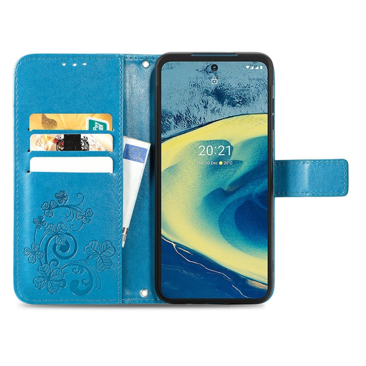 For Nokia XR 20 Four-leaf Clasp Embossed Buckle Mobile Phone Protection Leather Case with Lanyard & Card Slot & Wallet & Bracket Function