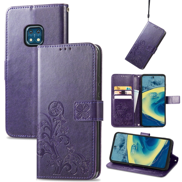 For Nokia XR 20 Four-leaf Clasp Embossed Buckle Mobile Phone Protection Leather Case with Lanyard & Card Slot & Wallet & Bracket Function