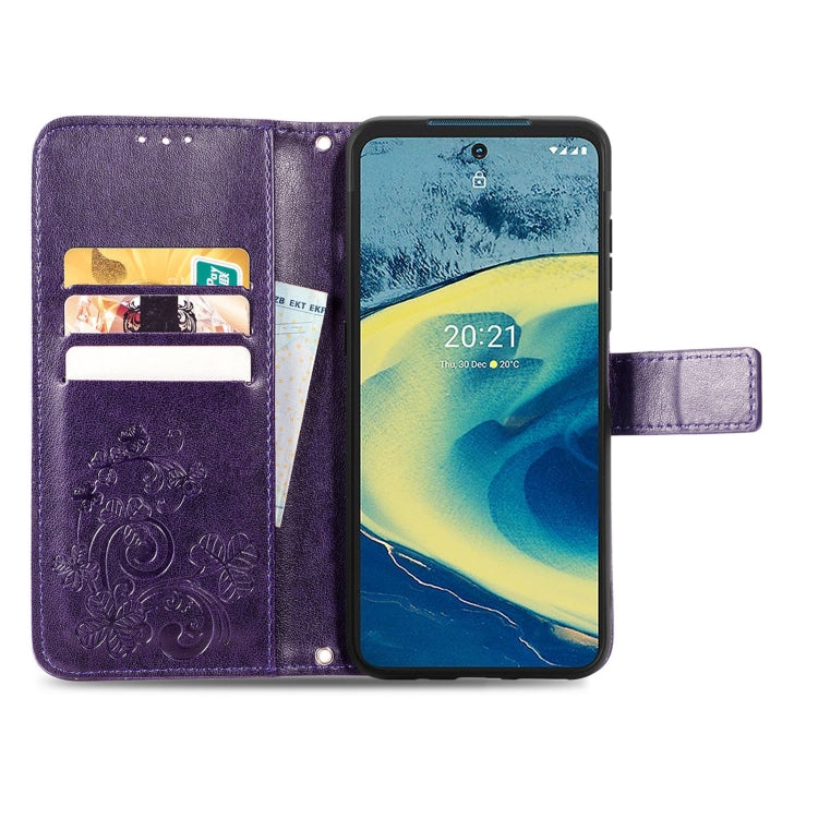 For Nokia XR 20 Four-leaf Clasp Embossed Buckle Mobile Phone Protection Leather Case with Lanyard & Card Slot & Wallet & Bracket Function