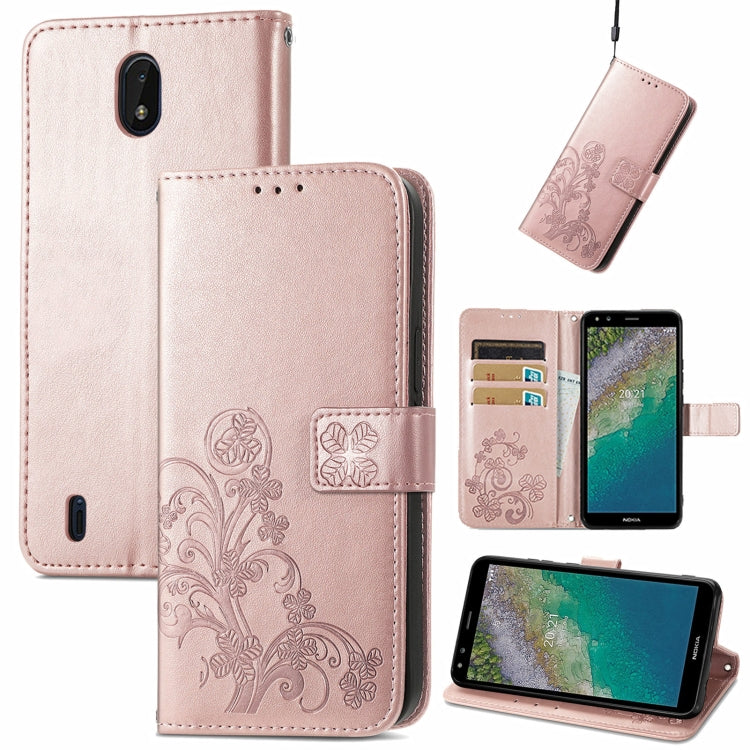 For Nokia C01 Plus Four-leaf Clasp Embossed Buckle Mobile Phone Protection Leather Case with Lanyard & Card Slot & Wallet & Bracket Function