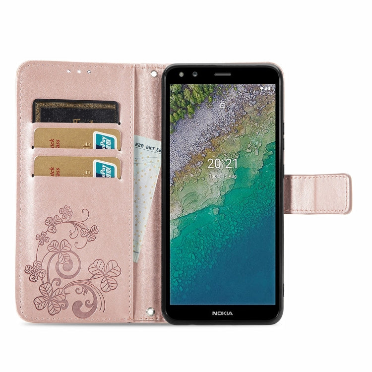 For Nokia C01 Plus Four-leaf Clasp Embossed Buckle Mobile Phone Protection Leather Case with Lanyard & Card Slot & Wallet & Bracket Function
