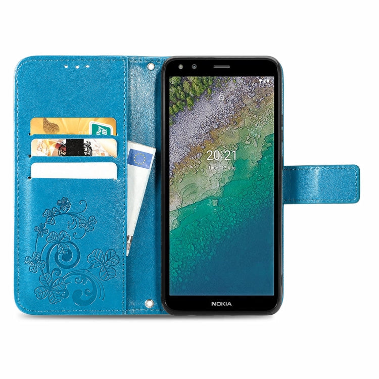 For Nokia C01 Plus Four-leaf Clasp Embossed Buckle Mobile Phone Protection Leather Case with Lanyard & Card Slot & Wallet & Bracket Function