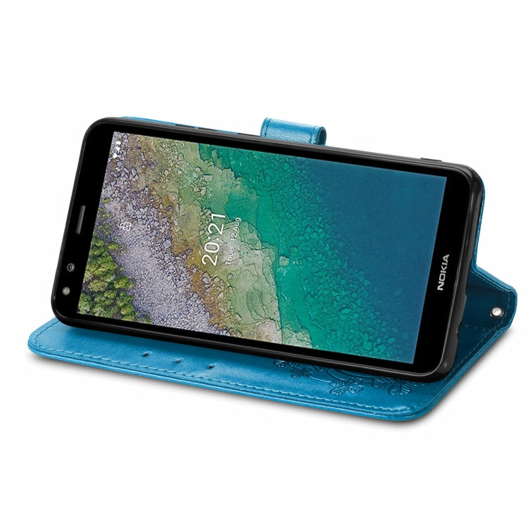 For Nokia C01 Plus Four-leaf Clasp Embossed Buckle Mobile Phone Protection Leather Case with Lanyard & Card Slot & Wallet & Bracket Function