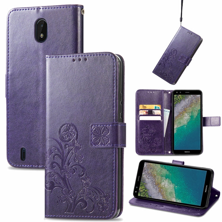 For Nokia C01 Plus Four-leaf Clasp Embossed Buckle Mobile Phone Protection Leather Case with Lanyard & Card Slot & Wallet & Bracket Function