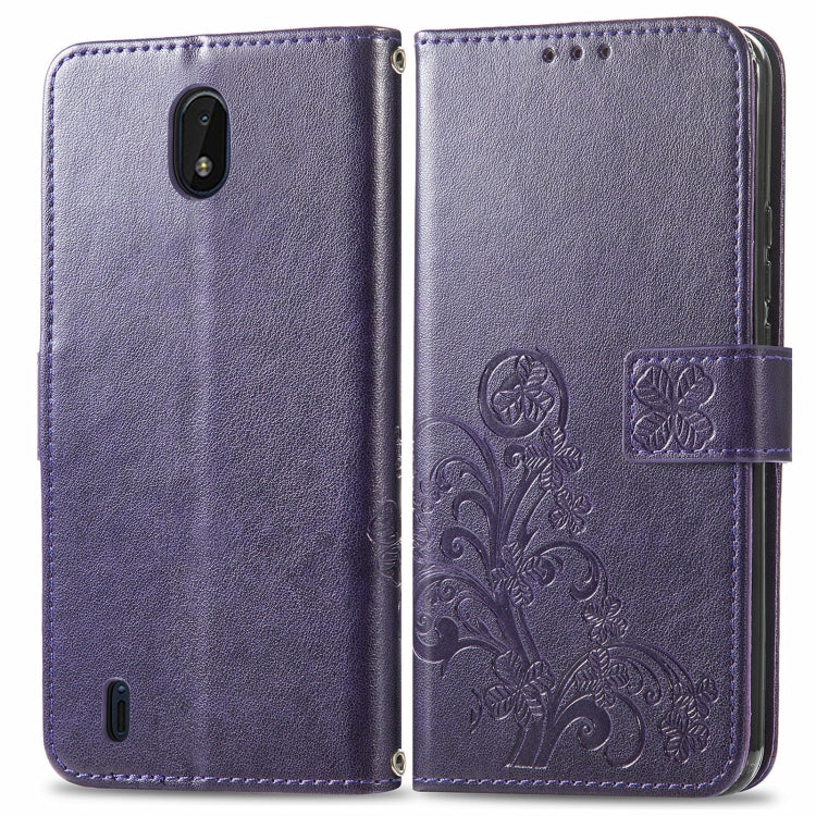 For Nokia C01 Plus Four-leaf Clasp Embossed Buckle Mobile Phone Protection Leather Case with Lanyard & Card Slot & Wallet & Bracket Function