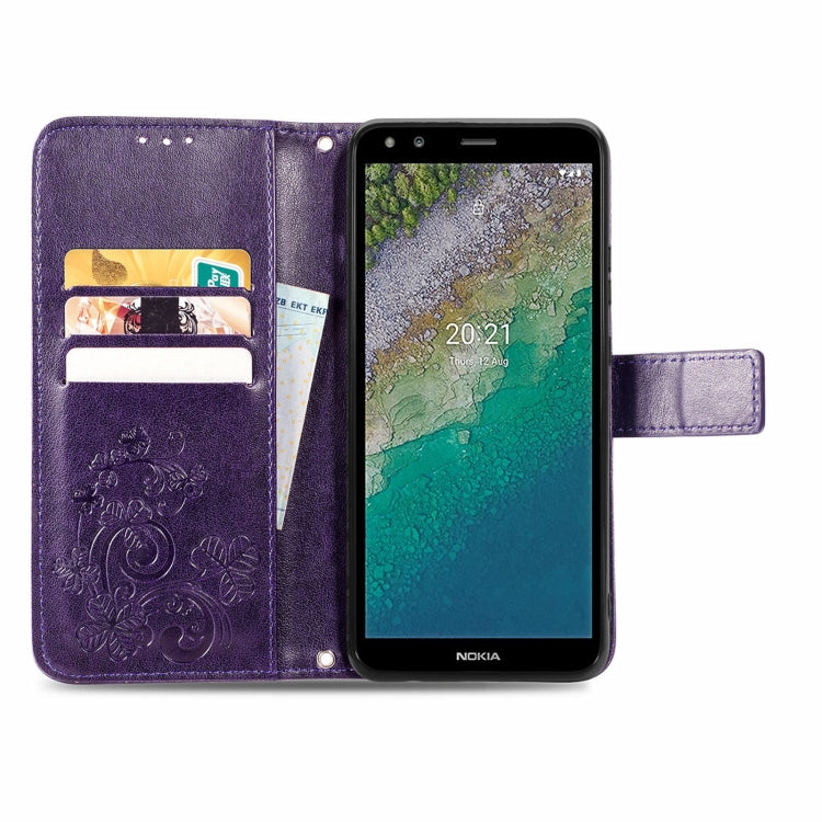 For Nokia C01 Plus Four-leaf Clasp Embossed Buckle Mobile Phone Protection Leather Case with Lanyard & Card Slot & Wallet & Bracket Function