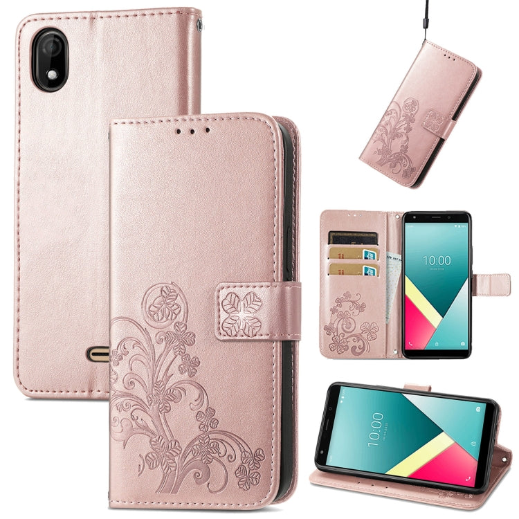 For Wiko Y61 Four-leaf Clasp Embossed Buckle Mobile Phone Protection Leather Case with Lanyard & Card Slot & Wallet & Bracket Function