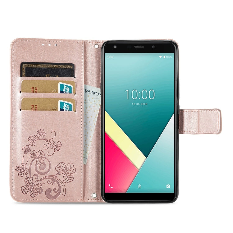 For Wiko Y61 Four-leaf Clasp Embossed Buckle Mobile Phone Protection Leather Case with Lanyard & Card Slot & Wallet & Bracket Function