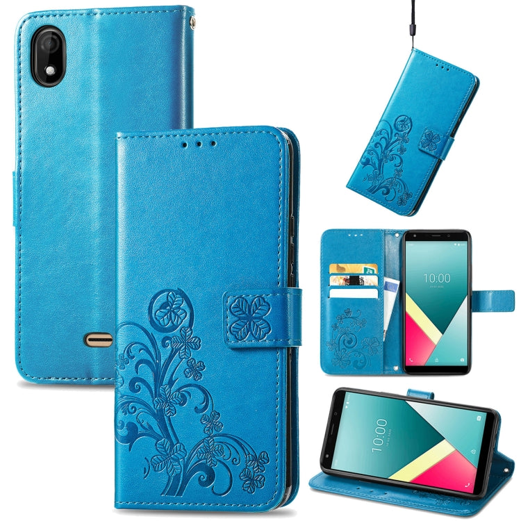 For Wiko Y61 Four-leaf Clasp Embossed Buckle Mobile Phone Protection Leather Case with Lanyard & Card Slot & Wallet & Bracket Function