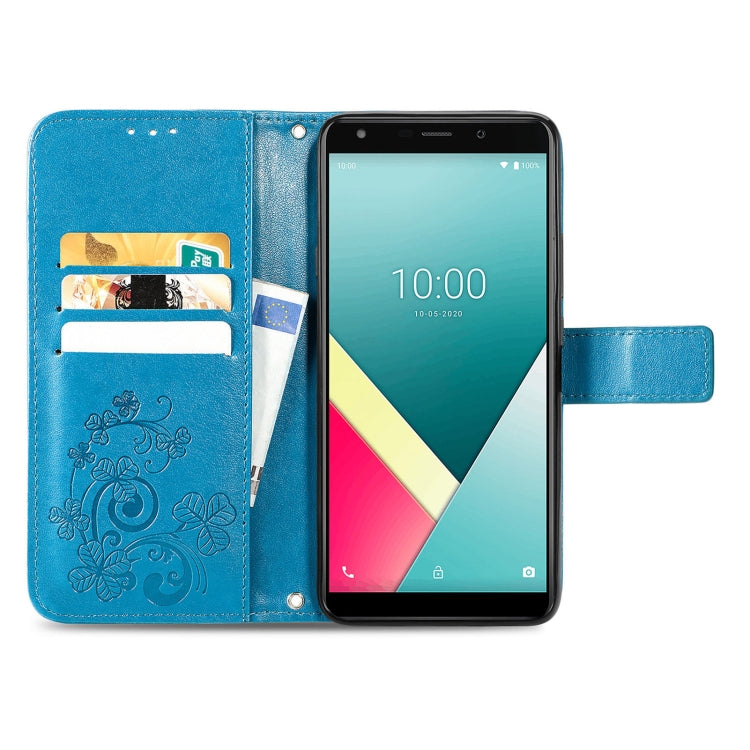 For Wiko Y61 Four-leaf Clasp Embossed Buckle Mobile Phone Protection Leather Case with Lanyard & Card Slot & Wallet & Bracket Function