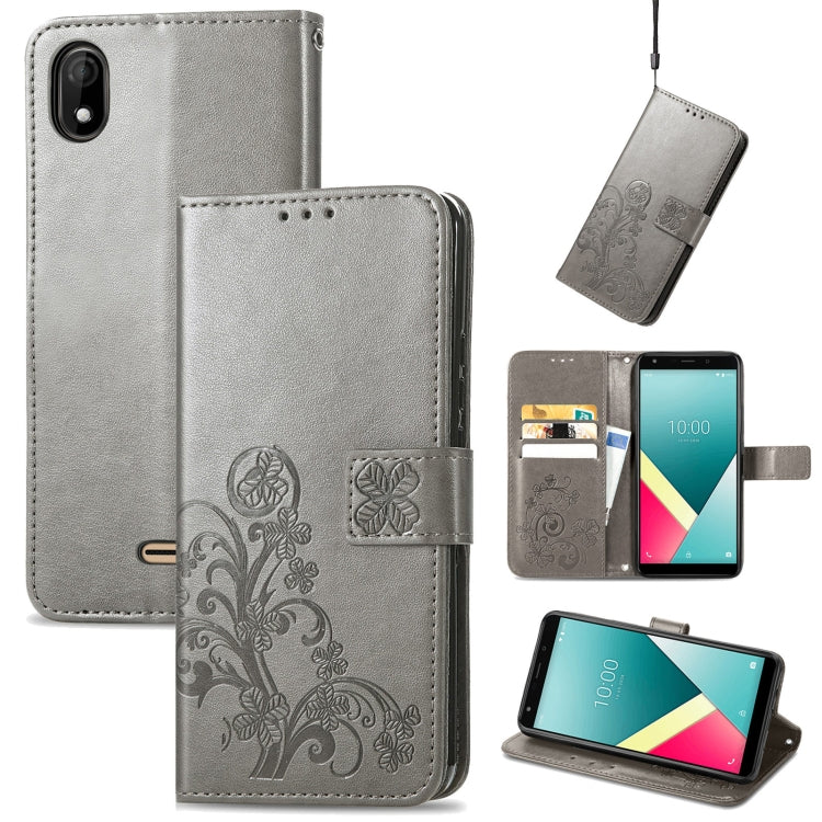 For Wiko Y61 Four-leaf Clasp Embossed Buckle Mobile Phone Protection Leather Case with Lanyard & Card Slot & Wallet & Bracket Function