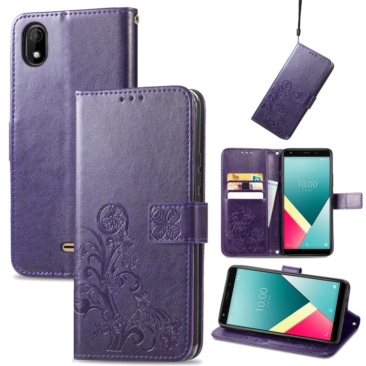 For Wiko Y61 Four-leaf Clasp Embossed Buckle Mobile Phone Protection Leather Case with Lanyard & Card Slot & Wallet & Bracket Function