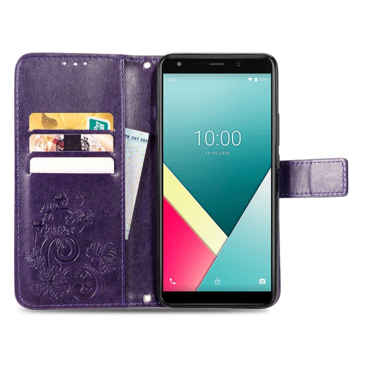 For Wiko Y61 Four-leaf Clasp Embossed Buckle Mobile Phone Protection Leather Case with Lanyard & Card Slot & Wallet & Bracket Function
