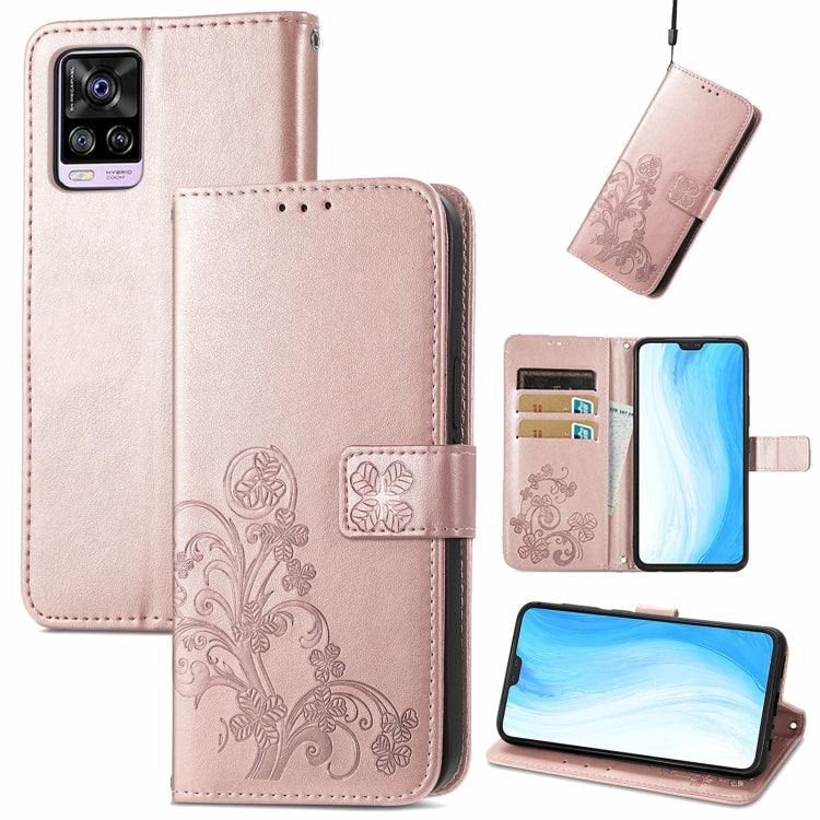 For vivo S7 Four-leaf Clasp Embossed Buckle Mobile Phone Protection Leather Case with Lanyard & Card Slot & Wallet & Bracket Function