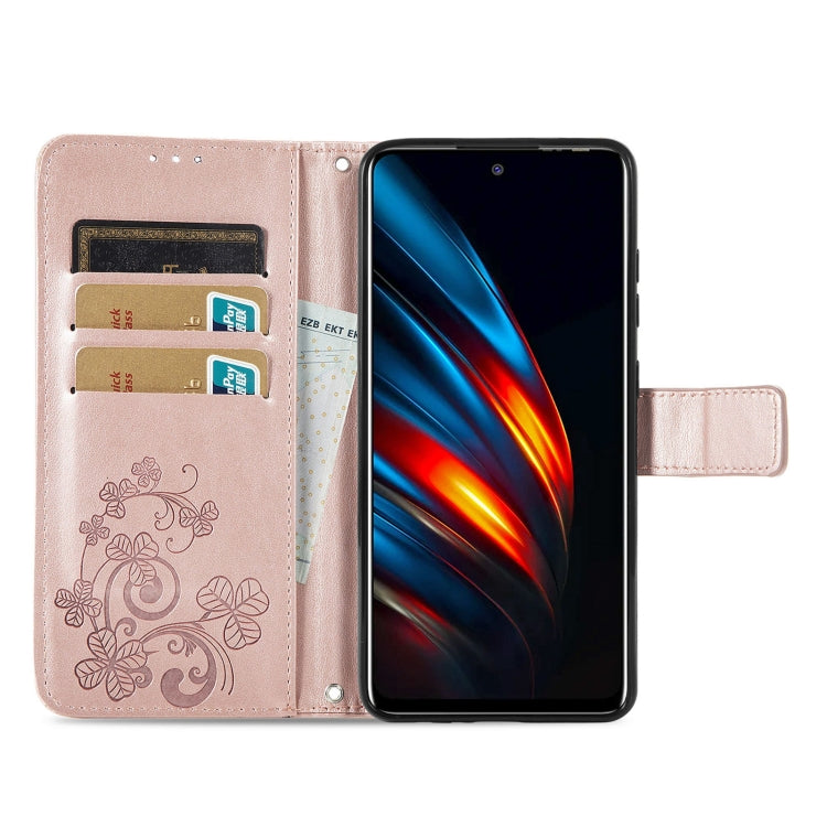 For Tecno Pova 2 Four-leaf Clasp Embossed Buckle Mobile Phone Protection Leather Case with Lanyard & Card Slot & Wallet & Bracket Function