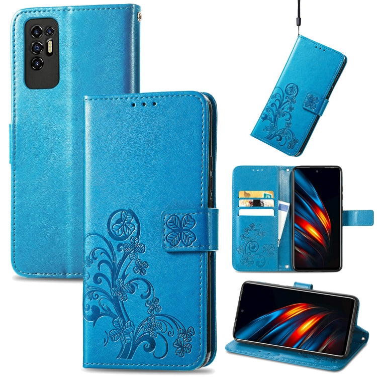 For Tecno Pova 2 Four-leaf Clasp Embossed Buckle Mobile Phone Protection Leather Case with Lanyard & Card Slot & Wallet & Bracket Function