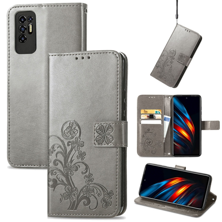 For Tecno Pova 2 Four-leaf Clasp Embossed Buckle Mobile Phone Protection Leather Case with Lanyard & Card Slot & Wallet & Bracket Function