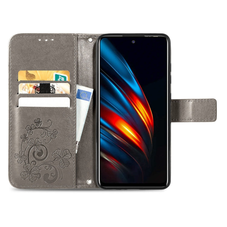 For Tecno Pova 2 Four-leaf Clasp Embossed Buckle Mobile Phone Protection Leather Case with Lanyard & Card Slot & Wallet & Bracket Function