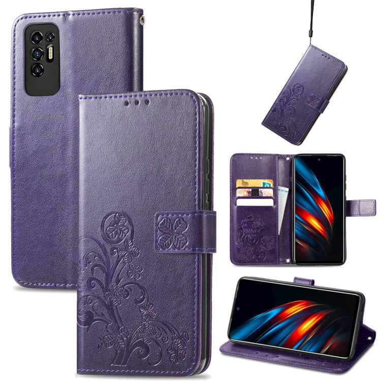 For Tecno Pova 2 Four-leaf Clasp Embossed Buckle Mobile Phone Protection Leather Case with Lanyard & Card Slot & Wallet & Bracket Function