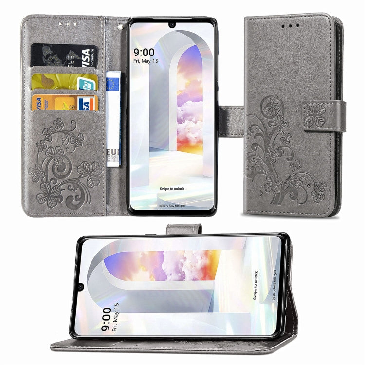 For LG Velvet 2 Pro Four-leaf Clasp Embossed Buckle Mobile Phone Protection Leather Case with Lanyard & Card Slot & Wallet & Bracket Function