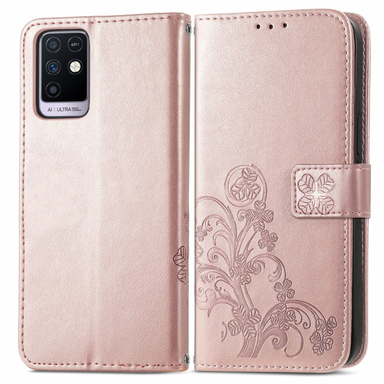 For Infinix Note 10 Four-leaf Clasp Embossed Buckle Mobile Phone Protection Leather Case with Lanyard & Card Slot & Wallet & Bracket Function