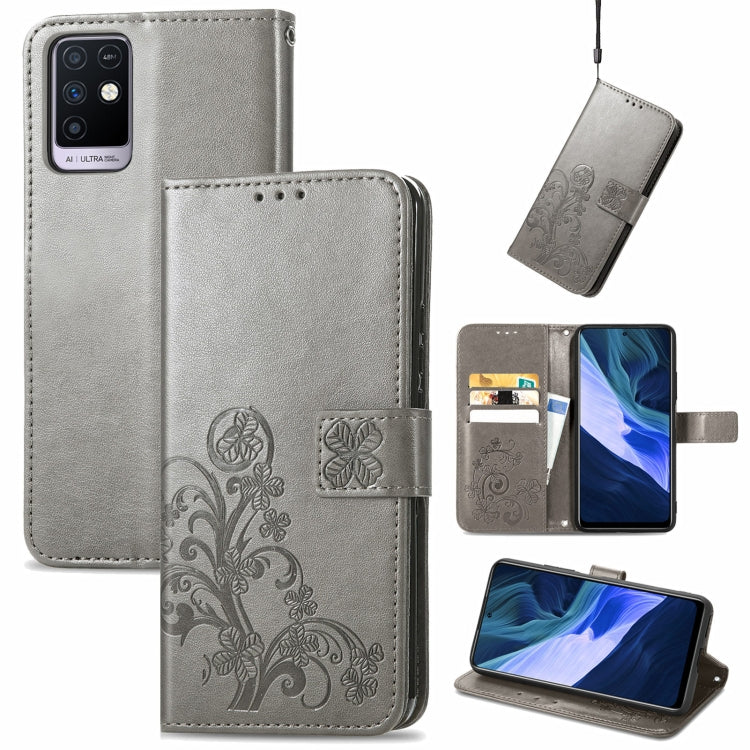 For Infinix Note 10 Four-leaf Clasp Embossed Buckle Mobile Phone Protection Leather Case with Lanyard & Card Slot & Wallet & Bracket Function