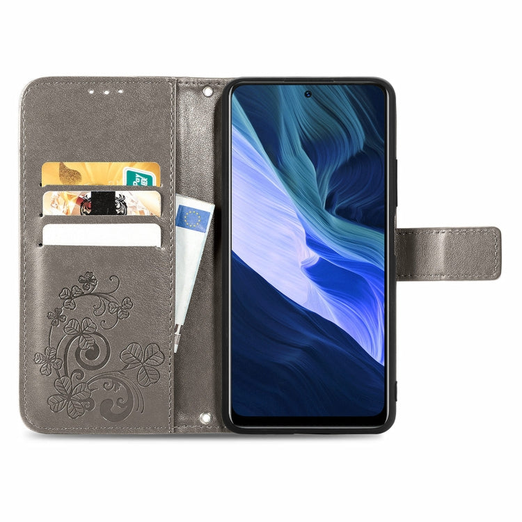 For Infinix Note 10 Four-leaf Clasp Embossed Buckle Mobile Phone Protection Leather Case with Lanyard & Card Slot & Wallet & Bracket Function