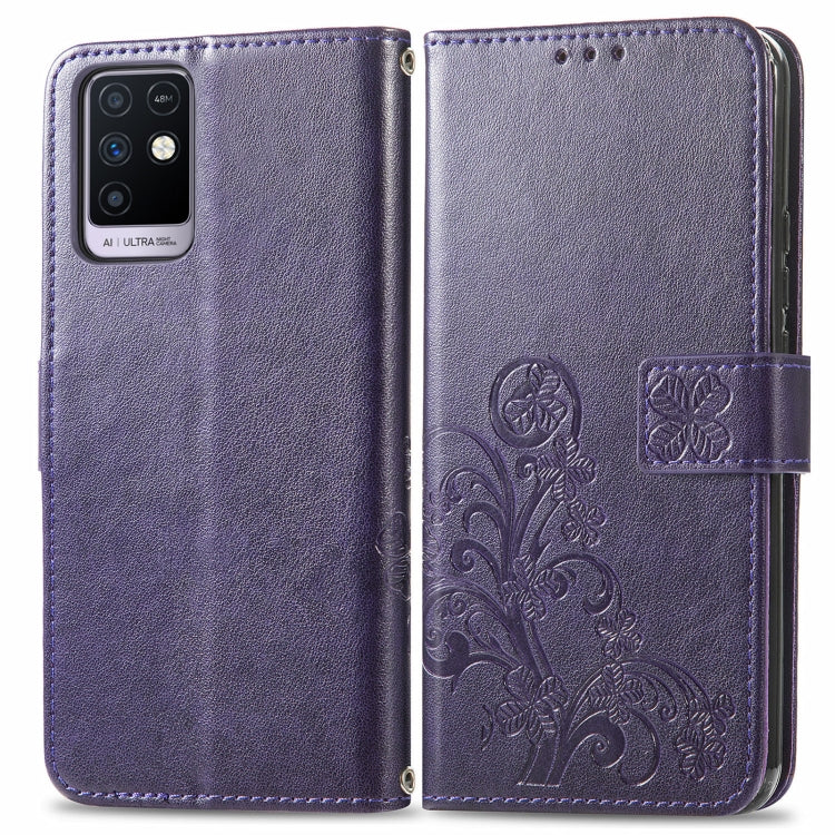 For Infinix Note 10 Four-leaf Clasp Embossed Buckle Mobile Phone Protection Leather Case with Lanyard & Card Slot & Wallet & Bracket Function