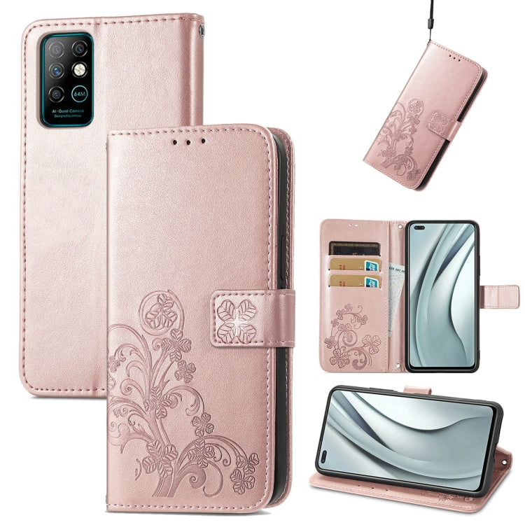 For Infinix Note 8 Four-leaf Clasp Embossed Buckle Mobile Phone Protection Leather Case with Lanyard & Card Slot & Wallet & Bracket Function