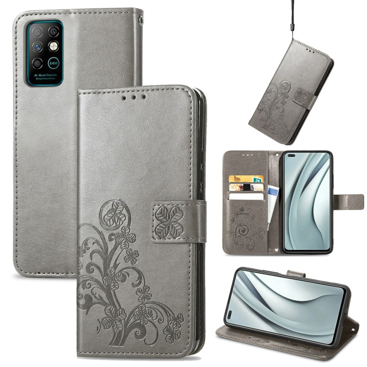 For Infinix Note 8 Four-leaf Clasp Embossed Buckle Mobile Phone Protection Leather Case with Lanyard & Card Slot & Wallet & Bracket Function