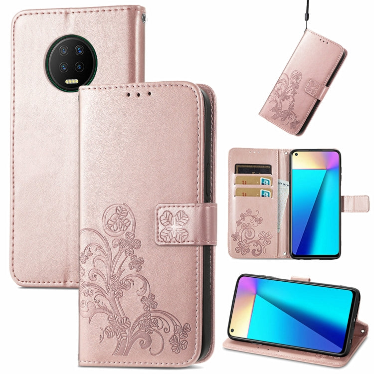 For Infinix Note 7 Four-leaf Clasp Embossed Buckle Mobile Phone Protection Leather Case with Lanyard & Card Slot & Wallet & Bracket Function