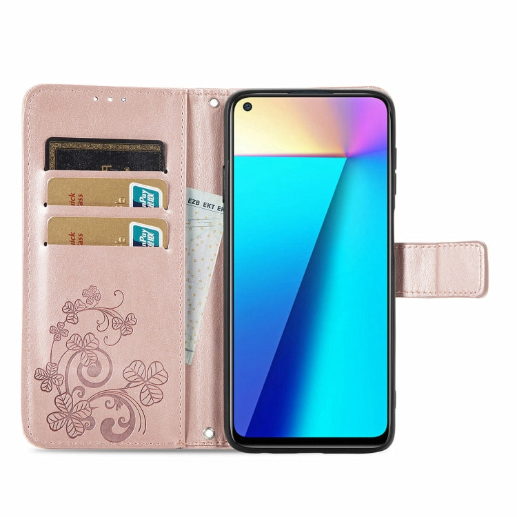 For Infinix Note 7 Four-leaf Clasp Embossed Buckle Mobile Phone Protection Leather Case with Lanyard & Card Slot & Wallet & Bracket Function