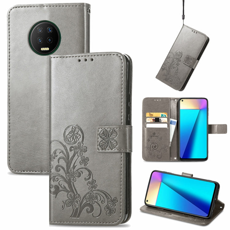 For Infinix Note 7 Four-leaf Clasp Embossed Buckle Mobile Phone Protection Leather Case with Lanyard & Card Slot & Wallet & Bracket Function