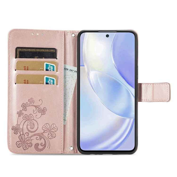 For Huawei nova 8 SE Youth Four-leaf Clasp Embossed Buckle Mobile Phone Protection Leather Case with Lanyard & Card Slot & Wallet & Bracket Function