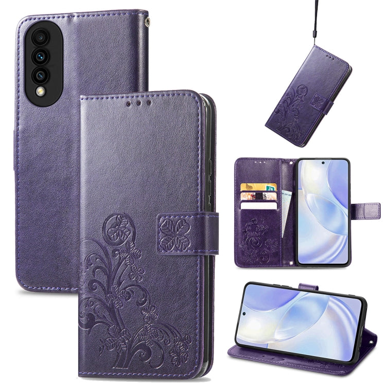For Huawei nova 8 SE Youth Four-leaf Clasp Embossed Buckle Mobile Phone Protection Leather Case with Lanyard & Card Slot & Wallet & Bracket Function