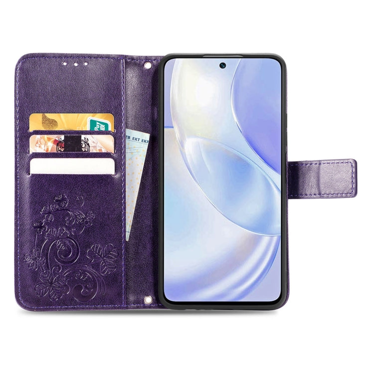 For Huawei nova 8 SE Youth Four-leaf Clasp Embossed Buckle Mobile Phone Protection Leather Case with Lanyard & Card Slot & Wallet & Bracket Function