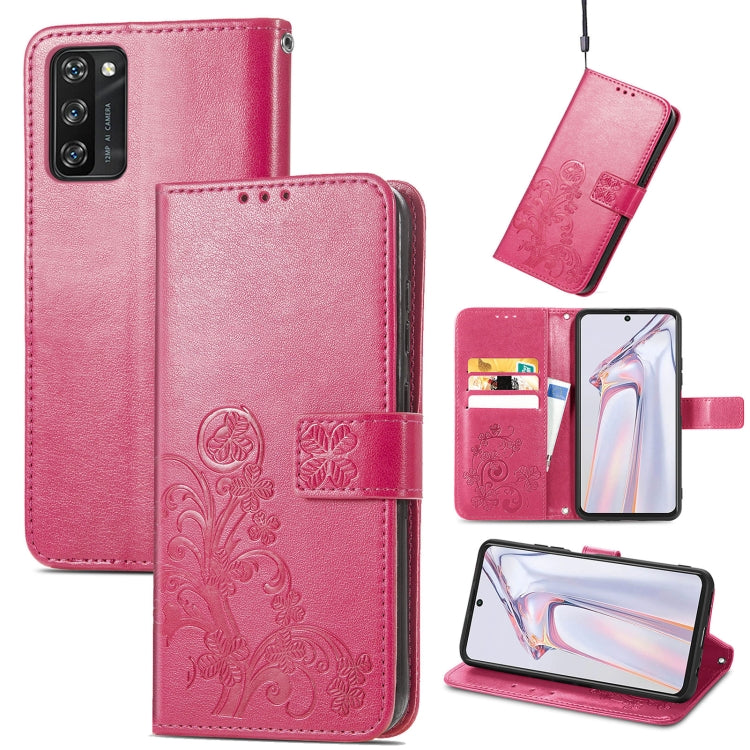 For Blackview A100 Four-leaf Clasp Embossed Buckle Mobile Phone Protection Leather Case with Lanyard & Card Slot & Wallet & Bracket Function