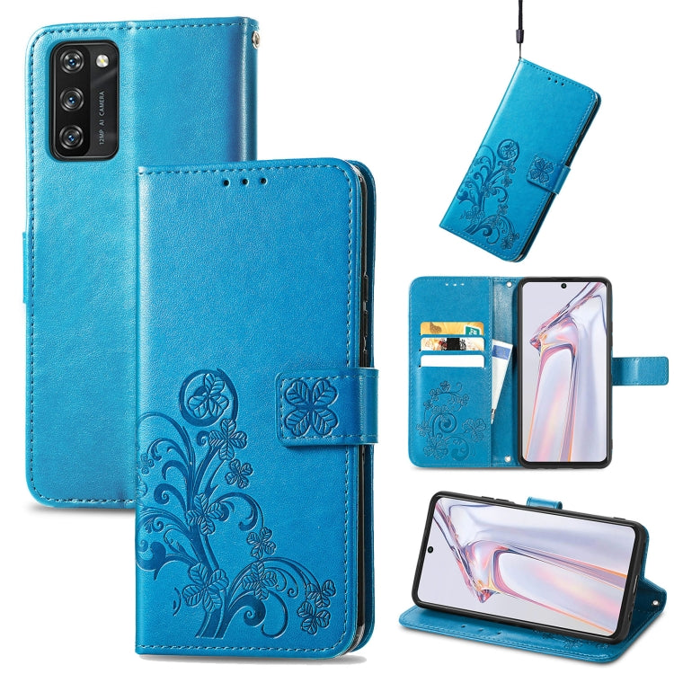 For Blackview A100 Four-leaf Clasp Embossed Buckle Mobile Phone Protection Leather Case with Lanyard & Card Slot & Wallet & Bracket Function