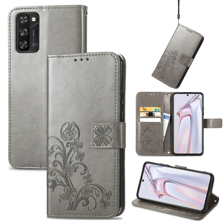 For Blackview A100 Four-leaf Clasp Embossed Buckle Mobile Phone Protection Leather Case with Lanyard & Card Slot & Wallet & Bracket Function