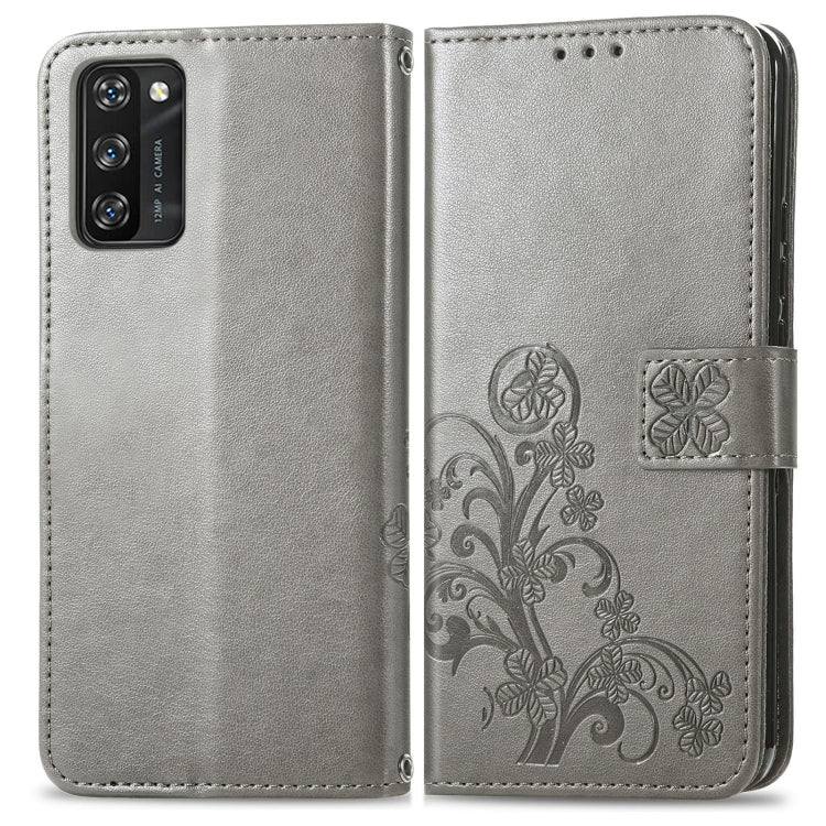For Blackview A100 Four-leaf Clasp Embossed Buckle Mobile Phone Protection Leather Case with Lanyard & Card Slot & Wallet & Bracket Function